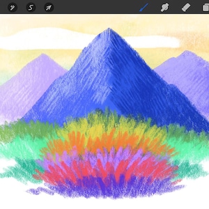 May include: A colorful digital art piece featuring a mountain landscape. The central mountain is blue, flanked by purple mountains, with a vibrant mix of green, yellow, orange, and purple foliage in the foreground. The sky has a gradient of yellow and light blue.