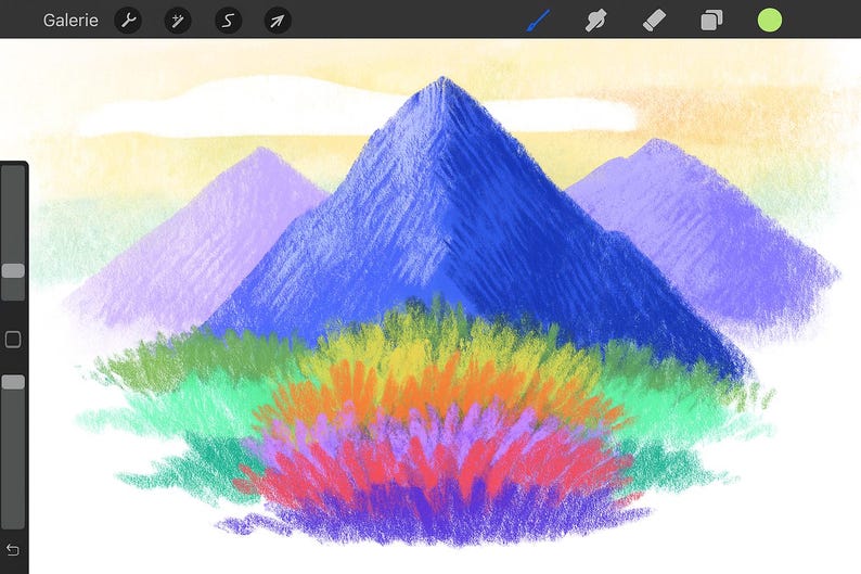 May include: A colorful digital art piece featuring a mountain landscape. The central mountain is blue, flanked by purple mountains, with a vibrant mix of green, yellow, orange, and purple foliage in the foreground. The sky has a gradient of yellow and light blue.