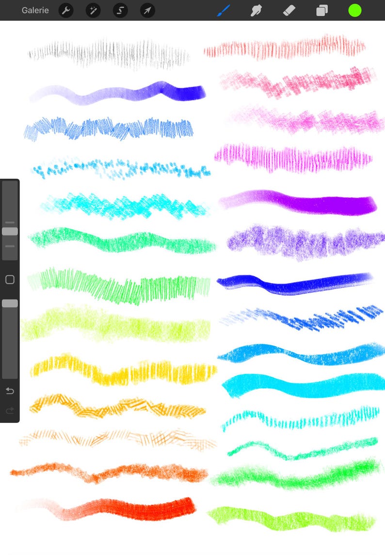 May include: A digital art illustration showcasing a variety of colorful brushstrokes. The image displays a range of textures and colors, including blue, green, yellow, orange, and purple, perfect for digital art projects.