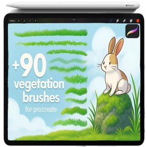May include: A digital illustration on a tablet displaying 90 vegetation brushes for Procreate. The image shows green brush strokes, a cartoon rabbit, and the text "+90 vegetation brushes for procreate". A white stylus is placed on the tablet.