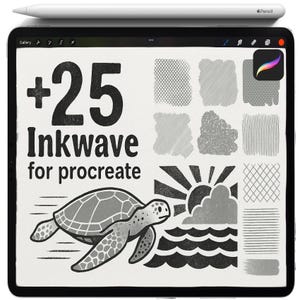 May include: A black tablet with a white stylus on top displays a digital illustration. The illustration features the text "+25 Inkwave for Procreate" and a sea turtle. Various brush stroke patterns and a sun graphic are also shown.