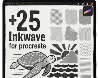 May include: A black tablet with a white stylus on top displays a digital illustration. The illustration features the text "+25 Inkwave for Procreate" and a sea turtle. Various brush stroke patterns and a sun graphic are also shown.