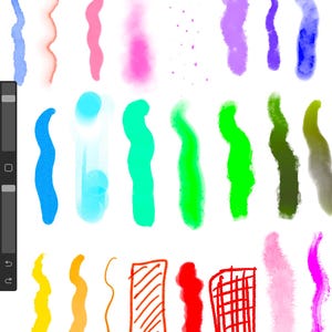 May include: A digital art illustration showcasing a variety of brushstrokes in different colors. The image features wavy lines, splatters, and rectangular shapes in shades of blue, pink, green, yellow, orange, and red, demonstrating various digital art techniques.