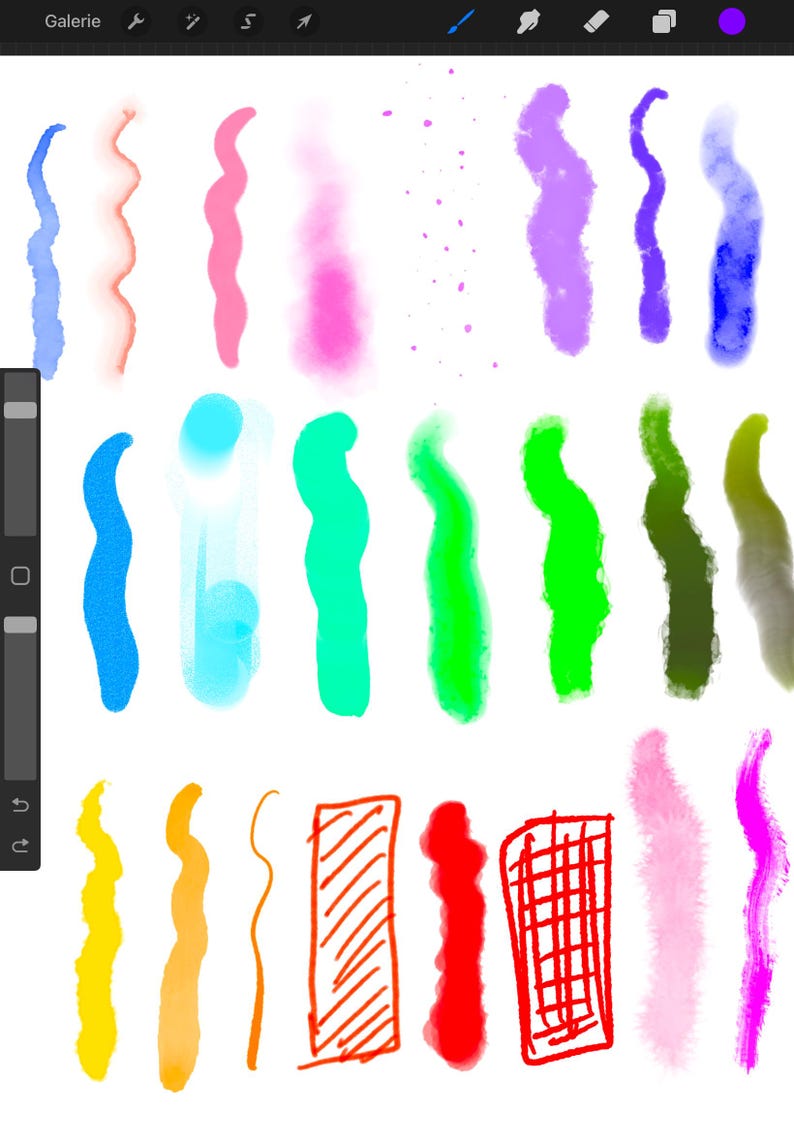 May include: A digital art illustration showcasing a variety of brushstrokes in different colors. The image features wavy lines, splatters, and rectangular shapes in shades of blue, pink, green, yellow, orange, and red, demonstrating various digital art techniques.