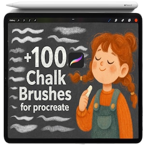 May include: A digital illustration on a tablet screen shows "+100 Chalk Brushes for Procreate" with a drawing of a girl holding chalk. A white stylus with "Pencil" printed on it is at the top.