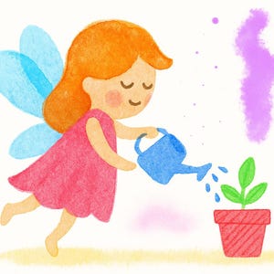 May include: Watercolor illustration of a fairy watering a plant. The fairy has orange hair, blue wings, and a pink dress. A blue watering can pours water onto a green plant in a red pot. Watercolor brushstrokes are in the background.