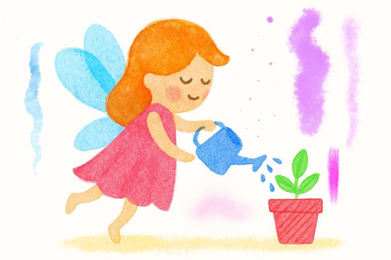 May include: Watercolor illustration of a fairy watering a plant. The fairy has orange hair, blue wings, and a pink dress. A blue watering can pours water onto a green plant in a red pot. Watercolor brushstrokes are in the background.