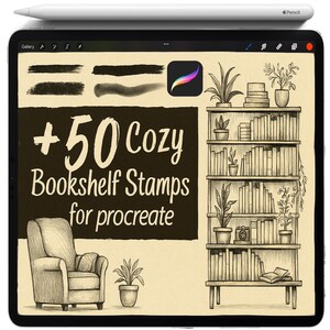 May include: A digital illustration on a tablet featuring a bookshelf, armchair, and potted plants. The text reads "+50 Cozy Bookshelf Stamps for Procreate." A white Apple Pencil rests on top of the tablet.