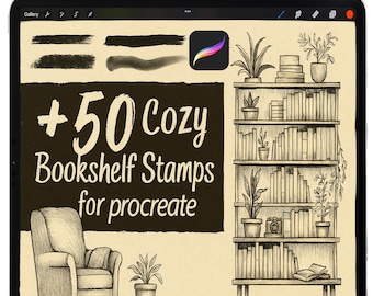Bookshelf Stamps For Procreate, Procreate Books Stamp, Interior Room Procreate brushes, Procreate library Books, Procreate Reading Stamps