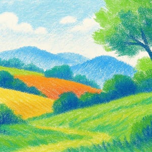 May include: A colorful landscape illustration featuring rolling hills and a bright blue sky with fluffy white clouds. The scene includes fields of yellow and orange, with green bushes and trees. The artwork is created with a crayon-like texture.