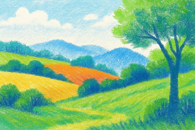 May include: A colorful landscape illustration featuring rolling hills and a bright blue sky with fluffy white clouds. The scene includes fields of yellow and orange, with green bushes and trees. The artwork is created with a crayon-like texture.