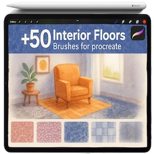May include: An iPad displays a digital illustration of an interior scene with an orange armchair, rug, and artwork. The screen shows the text "+50 Interior Floors Brushes for procreate". A white Apple Pencil rests on top of the iPad.