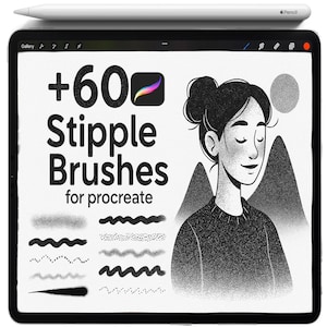 Könnte beinhalten: Digitale Illustration auf einem Tablet-Bildschirm mit dem Text "+60 Stipple Brushes for Procreate". Das Bild zeigt eine Zeichnung einer Frau, Berge und einen grauen Kreis. Ein weißer Apple Pencil liegt oben auf.