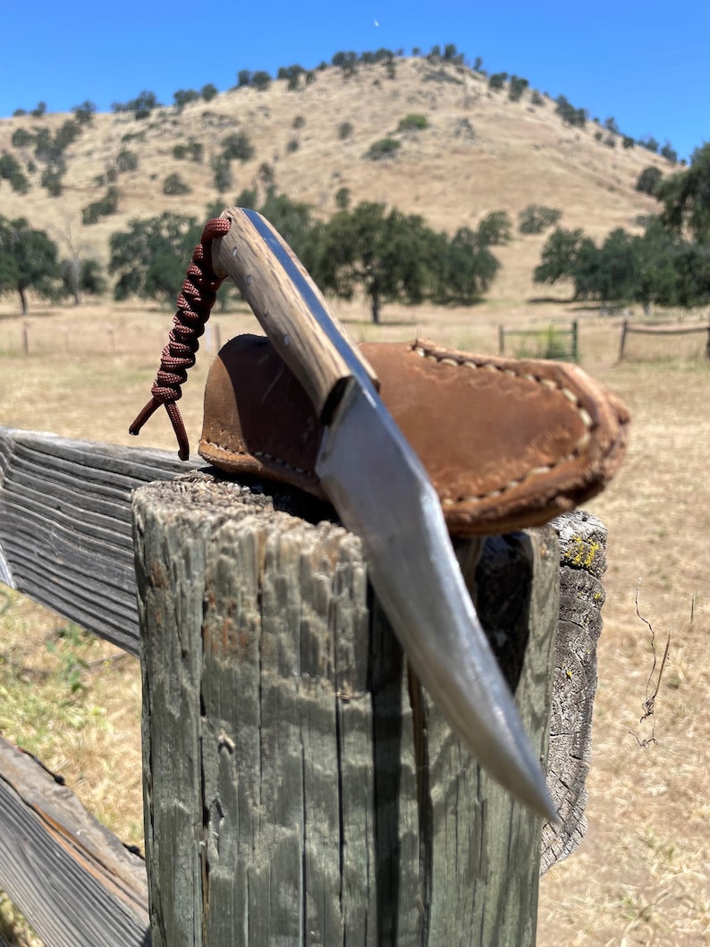 K&ouml;nnte beinhalten: Ein handgemachtes Messer mit einem Holzgriff und einer Lederscheide. Das Messer liegt auf einem Holzpfosten eines Zauns mit einem grasbewachsenen Feld und H&uuml;geln im Hintergrund.