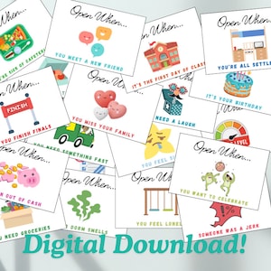 May include: A collection of square cards with the text "Open When..." and various illustrations and phrases. The cards feature images of a school, birthday cake, and other graphics. The words "Digital Download!" are at the bottom.