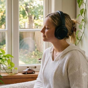 Könnte beinhalten: Schwarzer Over-Ear-Kopfhörer mit gepolstertem Kopfbügel und Ohrmuscheln, der sich durch eine glatte, matte Oberfläche und ein schlichtes Design auszeichnet. Der Kopfhörer wird über den Ohren getragen und zeigt eine funktionale Struktur.
