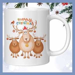 White Ceramic Christmas Mug. Merry Christmas, Three Reindeer Decorated For The Holidays, Christmas Mug Gift For A Friend, Secret Santa Gift