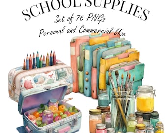 Watercolor School Supplies PNG | 76 Back to School Clipart | Stationery, Pencil, Paint, Backpack, Crayon | Commercial Use