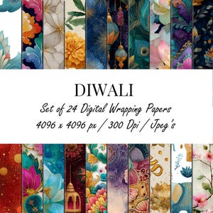 Könnte beinhalten: Eine Sammlung von 24 digitalen Geschenkpapieren mit verschiedenen floralen und ornamentalen Designs in leuchtenden Farben. Das Wort "DIWALI" steht über dem Text "Set of 24 Digital Wrapping Papers". Bildabmessungen: 4096 x 4096 px.