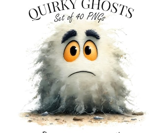 Watercolor Quirky Ghosts PNG Set | 40 Funny Ghost Clipart | Cute Halloween Digital Download | Transparent Background