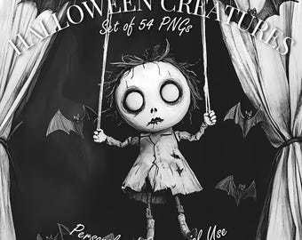 Conjunto de imágenes prediseñadas de criaturas de Halloween en acuarela / 54 PNG de personajes y decoración espeluznantes / 38 fondos transparentes / Descarga digital de 300 DPI