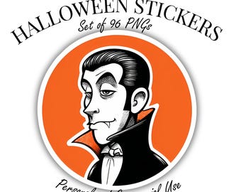 Paquete de pegatinas retro de Halloween: 96 diseños PNG vintage, fondo transparente de 300 DPI.