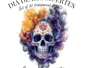 Day of the Dead Clipart, Dia de los Muertos PNG Bundle, Sugar Skull Clipart, Watercolor Skeleton & Floral Skulls, Mexican Holiday Graphics