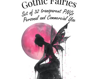 Set di clipart di fate gotiche: 32 illustrazioni PNG fantasy oscure con sfondo trasparente - Alta risoluzione 4096 px