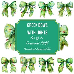 Conjunto de imágenes prediseñadas de lazo verde con luces: 20 ilustraciones PNG con fondo transparente