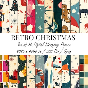 Peut inclure: Ensemble de 20 papiers d'emballage numériques sur le thème de Noël rétro. Les motifs présentent des éléments festifs tels que des sapins de Noël, des bonhommes en pain d'épices et des poinsettias de différentes couleurs. Le texte "RETRO CHRISTMAS" est inclus.