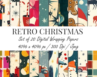 Retro kerst digitaal papierpakket | 20 naadloze ontwerpen voor inpakpapier | Vintage vakantiepatronen | 4096 px 300 dpi jpg