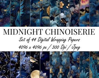 Midnight Chinoiserie Wrapping Paper Set, 44 Seamless Dark Blue Floral Patterns, Asian Luxury Digital Paper, 4096px 300DPI, Instant Download