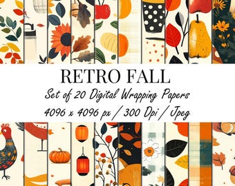 Puede incluir: Un conjunto de 20 papeles de regalo digitales con un tema retro de otoño. Los diseños presentan ilustraciones de calabazas, girasoles, hojas y otros elementos otoñales en colores cálidos. El texto "RETRO FALL" se muestra.
