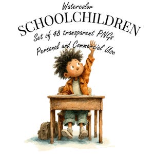 Watercolor School Kids Clipart Bundle – 48 PNGs, Transparent Background, Classroom & Teacher Illustrations
