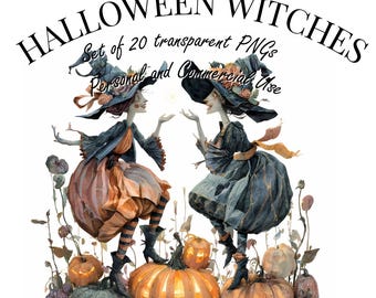 Watercolor Halloween Witches PNG | 20 Transparent Clipart Images | Whimsical Witch Art for Sublimation & Crafts