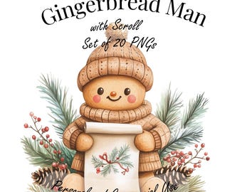Gingerbread Man with Scroll | 20 Transparent PNGs | Watercolor Christmas Clipart | Highres 4096 px