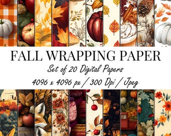 Fall Wrapping Paper | 20 Seamless Digital Papers | Autumn Pumpkins, Leaves & Cozy Patterns | 4096px | 300 DPI JPEG