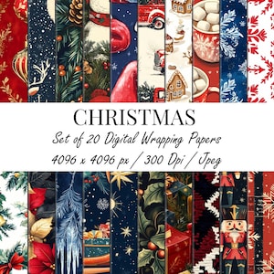 May include: A collection of 20 digital Christmas-themed wrapping papers. The designs feature festive elements like Santa Claus, snowflakes, gingerbread houses, and nutcrackers. The papers are in various colors, including red, blue, and green, with a resolution of 4096 x 4096 pixels.