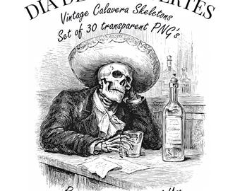 Dia de los Muertos Clipart Bundle – Engraving Style Inspired by Posada and Manilla, Vintage Calavera Skeletons, Black & White Illustrations