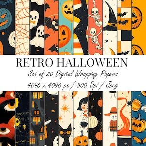 Peut inclure: Ensemble de 20 papiers d'emballage numériques sur le thème rétro d'Halloween. Les motifs présentent des citrouilles, des fantômes, des chauves-souris, des squelettes et d'autres éléments effrayants en orange, noir et blanc. Le texte dit "RETRO HALLOWEEN".