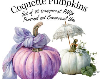 Watercolor Coquette Pumpkins Clipart | 42 PNGs | Transparent Background, Pastel Autumn Decor | Highres 4096 px