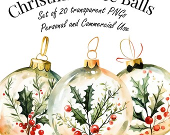 Watercolor Christmas Tree Balls Clipart Set - 20 PNG Ornaments with Transparent Background - Highres 4000 px