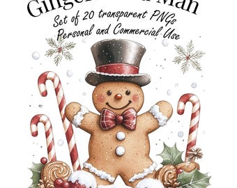 Gingerbread Man Clipart Set - 20 PNG Holiday Illustrations with Transparent Background - Highres 4096 px