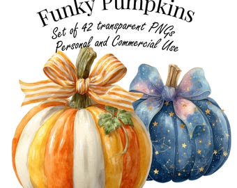 Watercolor Funky Pumpkins Clipart | 42 PNGs with Bows | Halloween & Fall Decor | Transparent Background | Highres 4096 px