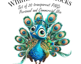 Whimsical Peacock Clipart Set - 20 PNG Digital Illustrations - Cute Bird Graphics for Scrapbooking, Invitations, and Crafts