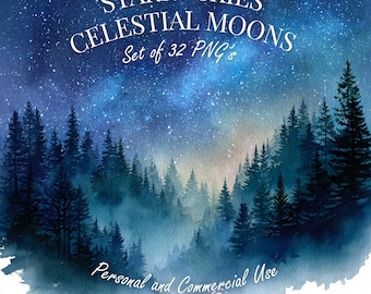Starry Skies Watercolor Clipart | 32 Celestial Moon & Night Sky PNGs | Star Forest Scene Art | 300 DPI Digital Download