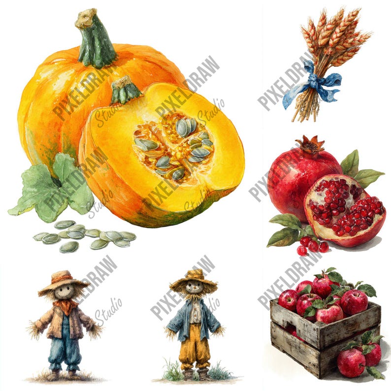 Autumn Harvest Watercolor Clipart | 48 Fall Fruits & Vegetables Pngs ...