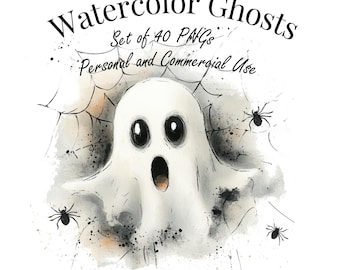 Watercolor Ghost Clipart Set – 40 Cute Halloween PNGs, Transparent Background, Sublimation Graphics - Highres 4096 px