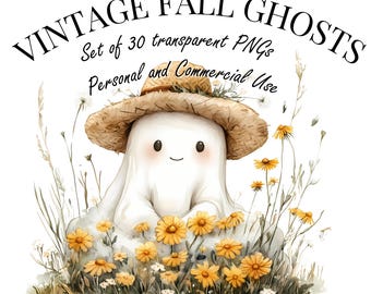 Clipart di fantasmi autunnali ad acquerello / 30 PNG trasparenti / Arte accogliente di Halloween autunnale