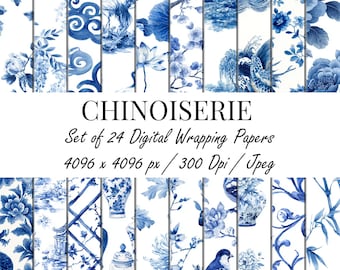 Chinoiserie Wrapping Paper: Blue & White Floral, Bird (24 Digital Papers)